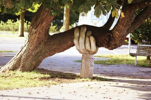 Carved wooden Hand holding up a Tree